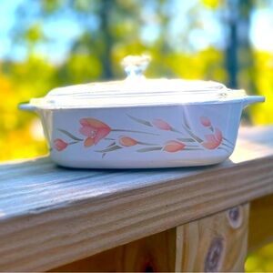 Vintage Lidded Corning Peach Floral Baking Dish A-1-B 1 Liter